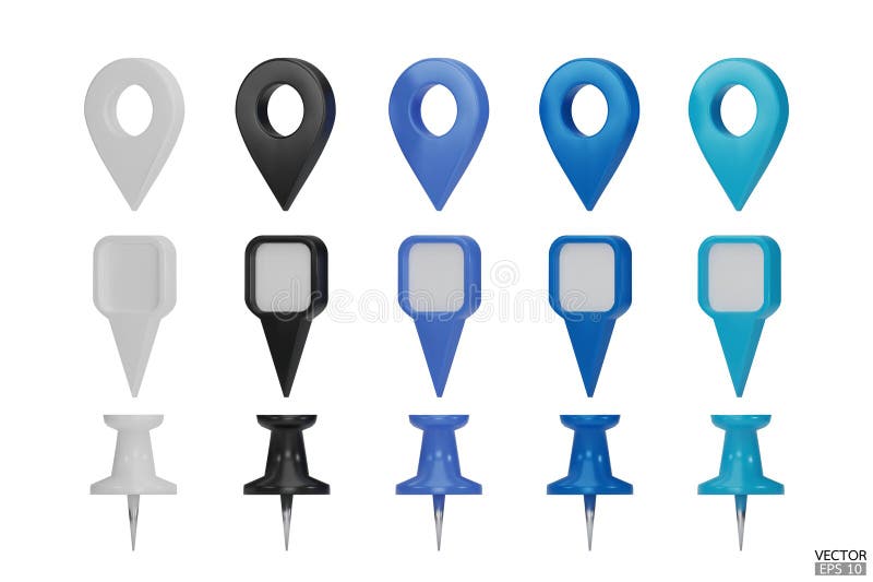 Set of map pointers in various colors isolated on white backgrounds. Location pin or navigation front view. 3D Locator mark of stock illustration