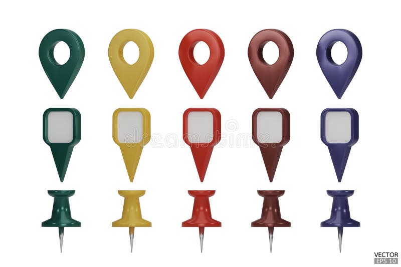 Set of map pointers in various colors isolated on white backgrounds. Location pin or navigation front view. 3D Locator mark of vector illustration