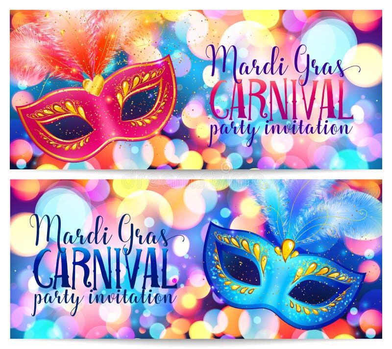 Set of Mardi Gras flyers and banners templates with carnival masks on bokeh lights background