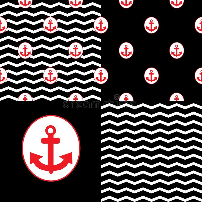 Tile Sailor Vector Pattern Set with White Anchor, Polka Dots, Zig 