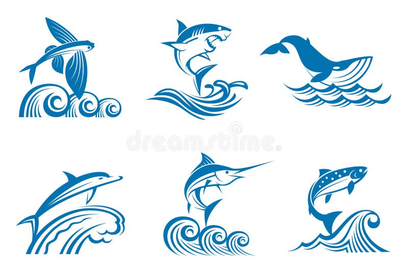 Set of marine life on waves vector illustration Set of marine life on waves vector illustration