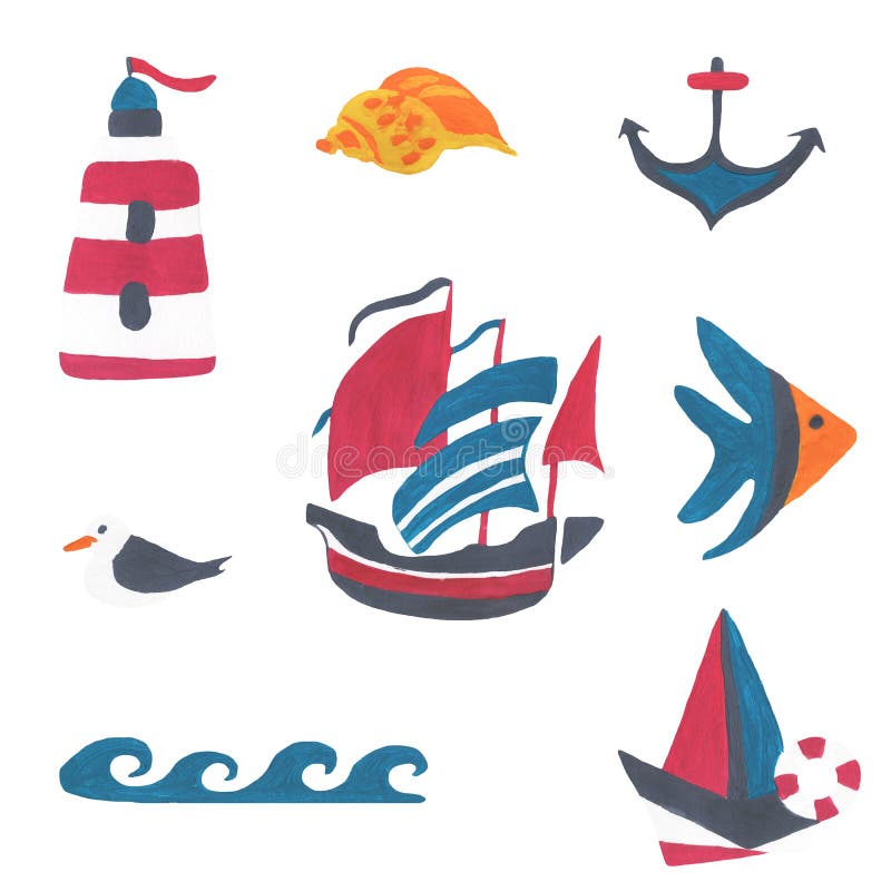 Set on the marine theme, the journey. Gouache and watercolor vector illustration Set on the marine theme, the journey. Gouache and watercolor vector illustration