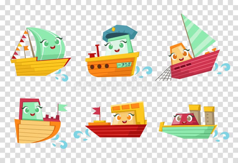 Flat vector set of marine vessels with adorable faces. Small wooden ships and sailing boats. Elements for children book vector illustration Flat vector set of marine vessels with adorable faces. Small wooden ships and sailing boats. Elements for children book vector illustration