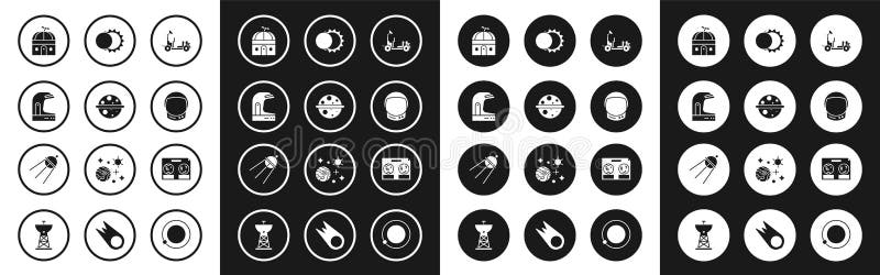 Set Mars rover, Planet Saturn, Astronaut helmet, Astronomical observatory, Eclipse of the sun, Celestial map night sky stock illustration