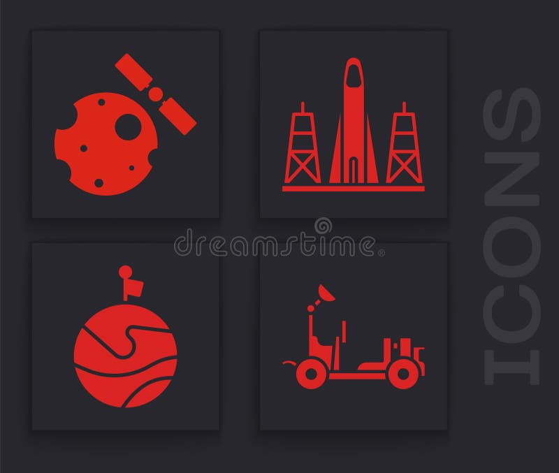 Set Mars rover, Satellites orbiting the planet Earth, Rocket launch from the spaceport and Moon with flag icon. Vector. Set Mars rover, Satellites orbiting the planet Earth, Rocket launch from the spaceport and Moon with flag icon. Vector.