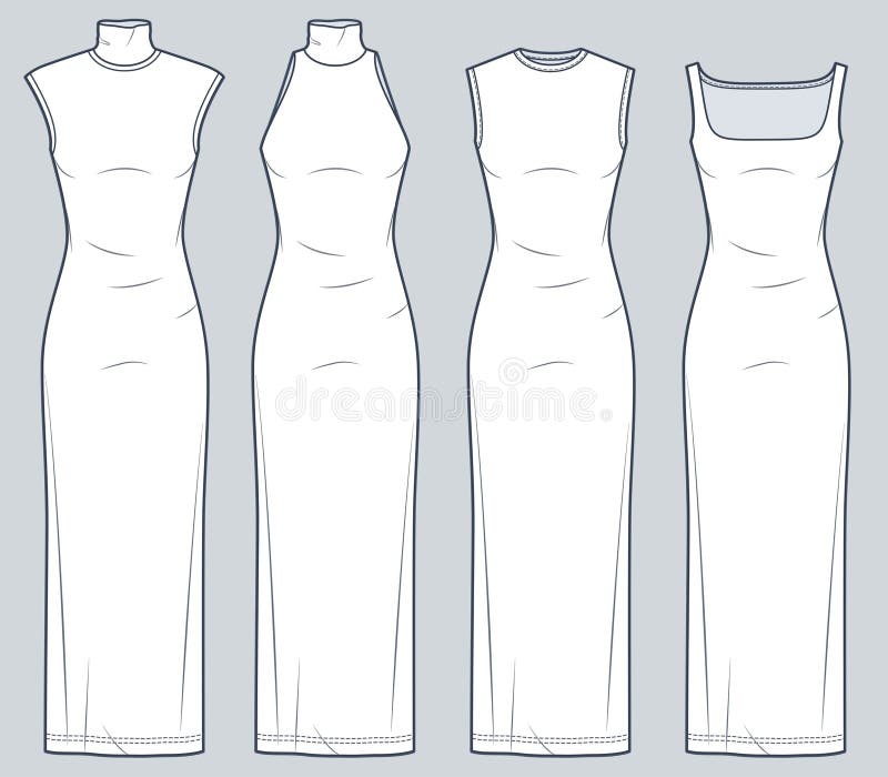 Set of Maxi Dress Technical Fashion Illustration. Jersey Sleeveless ...