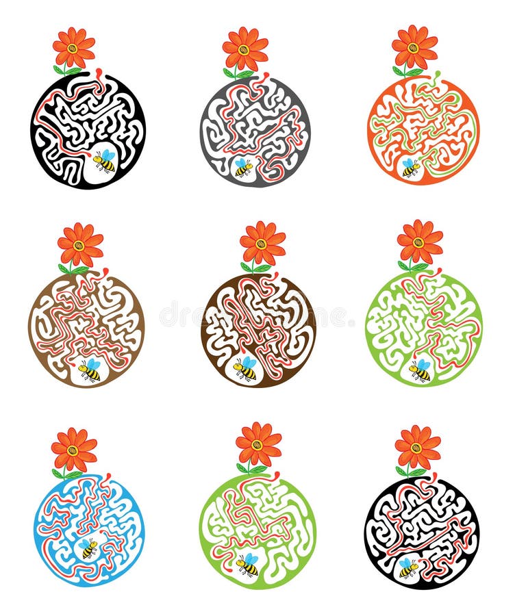 Set of maze puzzle for kids with bee and flower. Labyrinth illustration, solution included. stock illustration