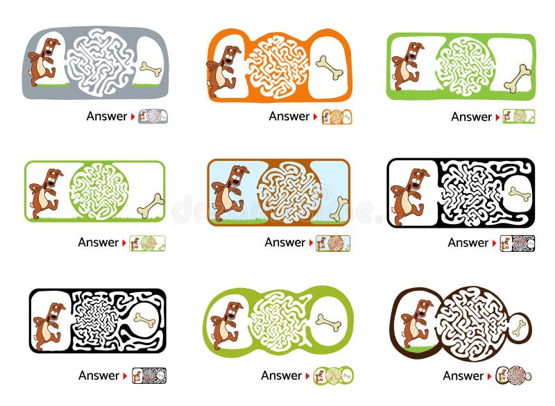 Set of maze puzzle for kids with dog and bone. Labyrinth illustration, solution included. royalty free illustration