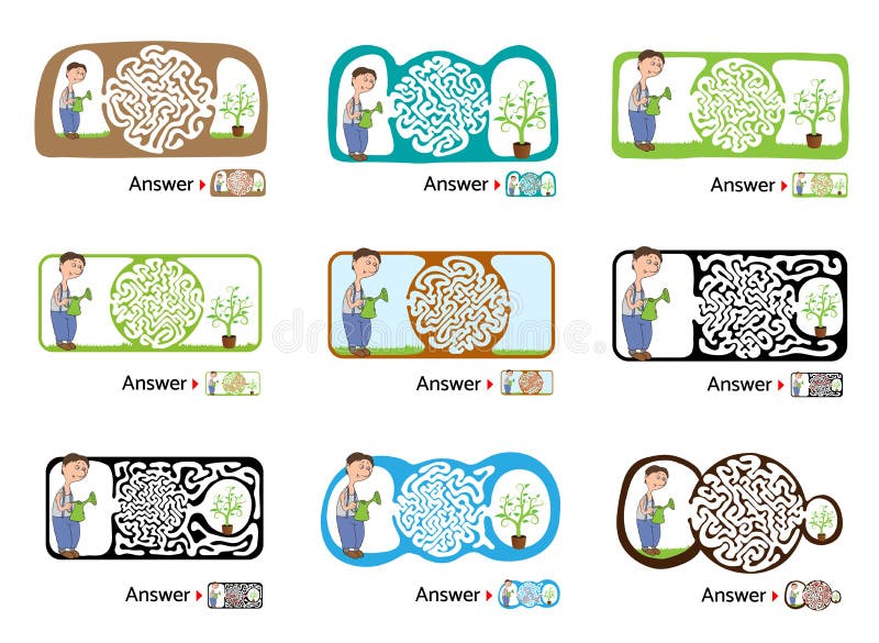 Set of Maze puzzle for kids with gardener and flower. Labyrinth illustration, solution included. royalty free illustration