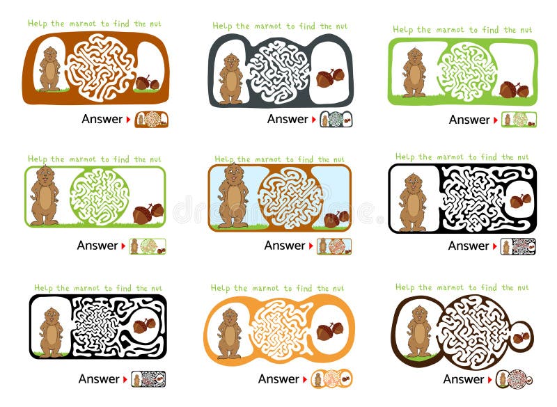 Set of Maze puzzle for kids with Marmot and Nut. Labyrinth illustration, solution included. stock illustration