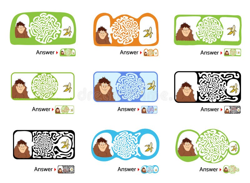 Set of maze puzzle for kids with monkey and banana. Labyrinth illustration, solution included. vector illustration