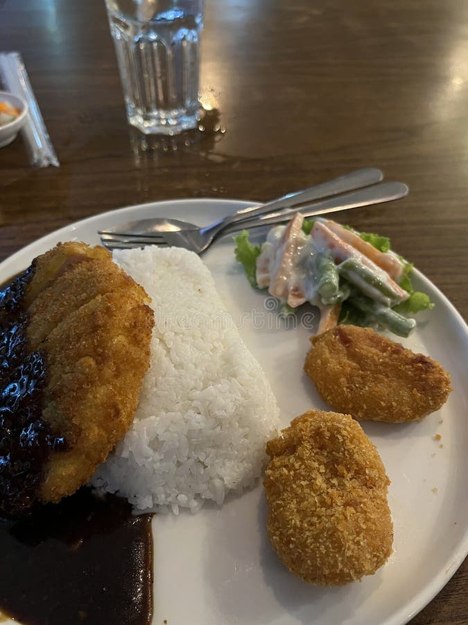 Chicken Katsu with Black Pepper Sauce Served with Rice Stock Photo
