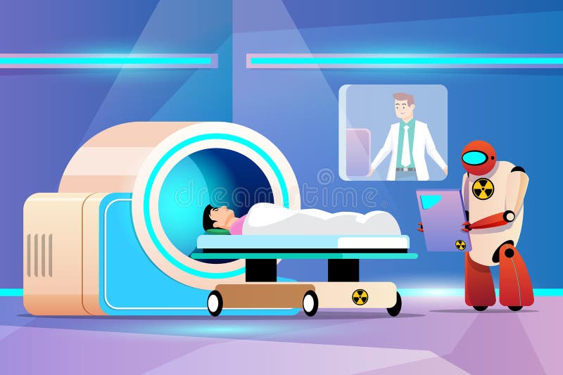 X-ray room robot work with radiation of a magnetic resonance imaging (MRI) scanner machine and doctor. royalty free illustration