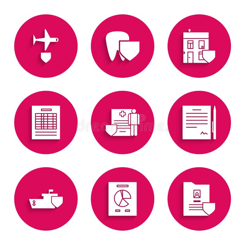 Set Medical clipboard with clinical record, Document graph chart, shield, Contract pen, Ship, Report file document royalty free illustration