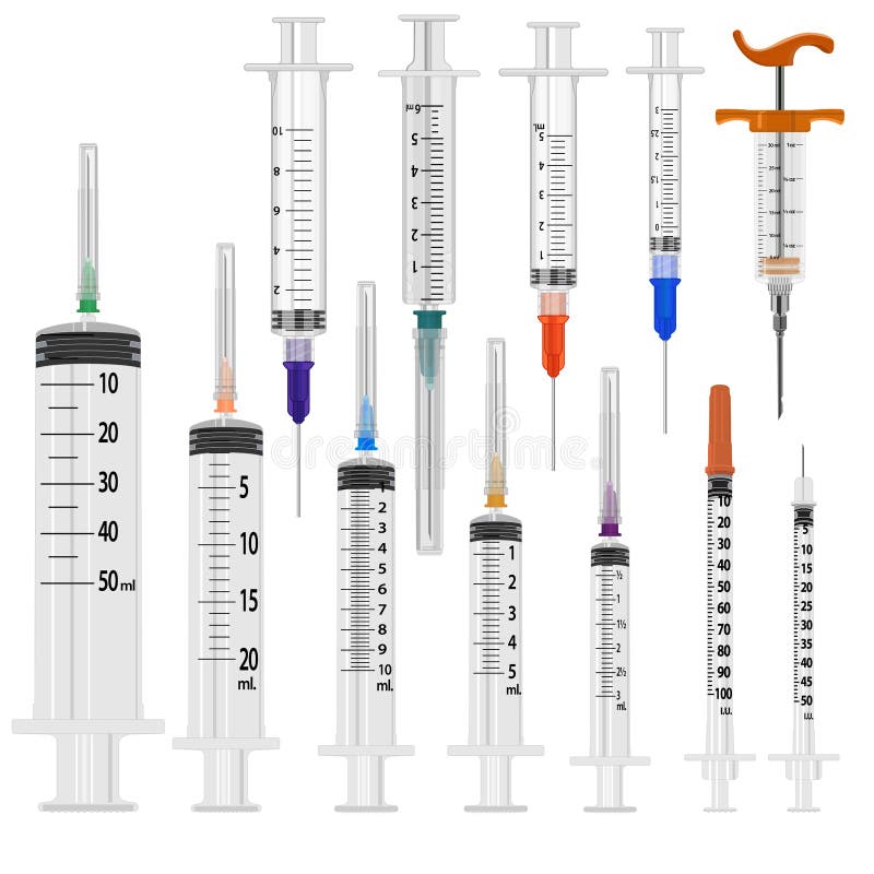 Set of medical disposable syringes of different size, scope and purpose