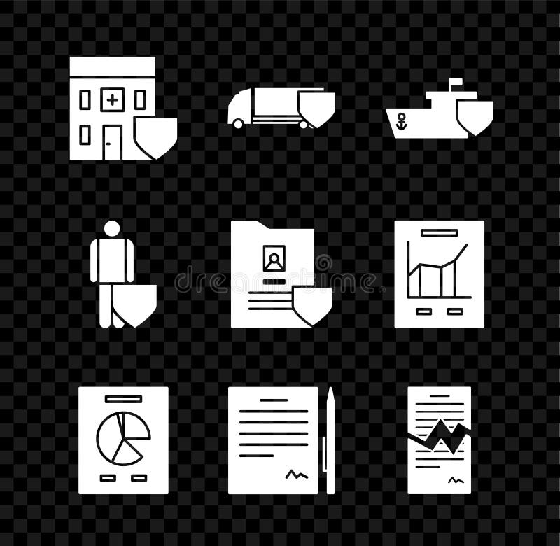 Set Medical hospital building with shield, Delivery cargo truck, Ship, Document graph chart, Contract pen, Torn contract royalty free illustration