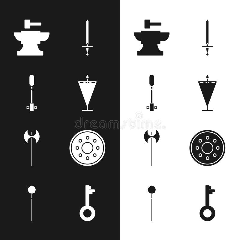 Set Medieval Flag, Torch Flame, Anvil for Blacksmithing Hammer, Sword
