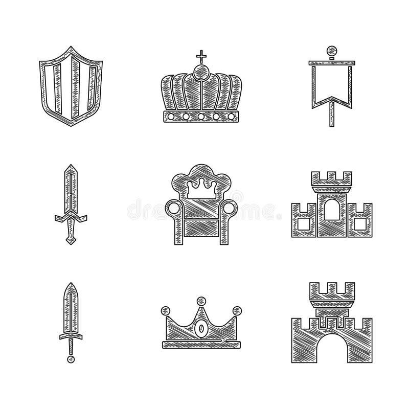 Set Medieval Throne, King Crown, Castle, Fortress, Sword, Flag and