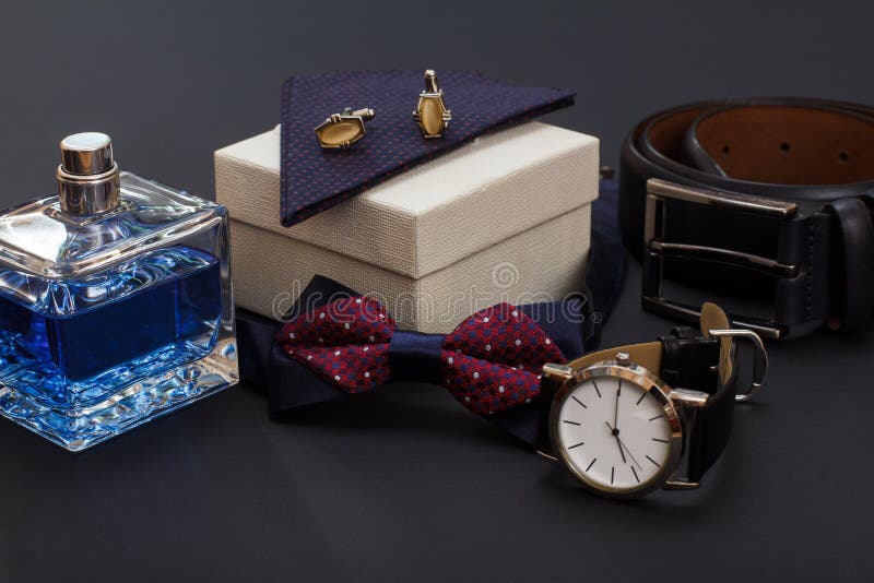 Set of Men Accessories in Business Style and Gift Box Stock Photo