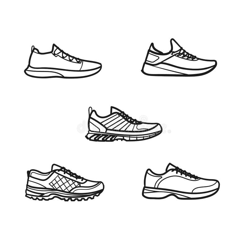 Set of Men`s Running Shoes Outlined Icons in White Background Stock ...