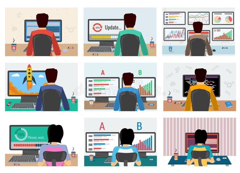 Set of men and women with computer royalty free illustration