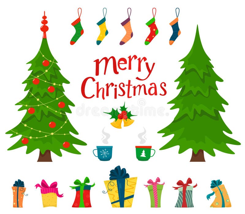Christmas set with decorative elements, hot mugs, socks, gift boxes, text, lettering, bells with holly branches, Christmas trees. royalty free illustration Christmas set with decorative elements, hot mugs, socks, gift boxes, text, lettering, bells with holly branches, Christmas trees. royalty free illustration