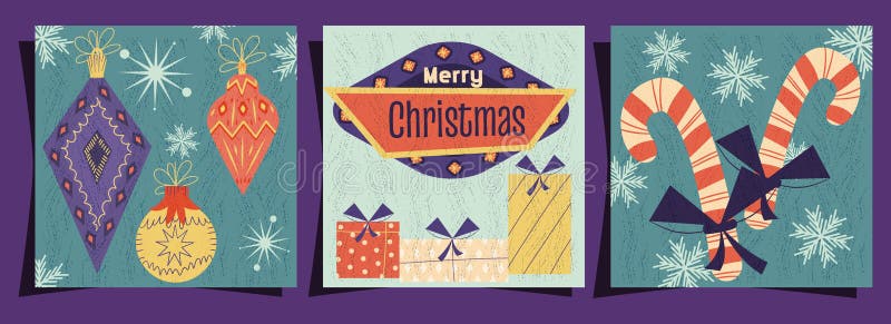 A set of merry Christmas covers in a retro vintage style. Signboard, Christmas toys and candy on postcards with texture