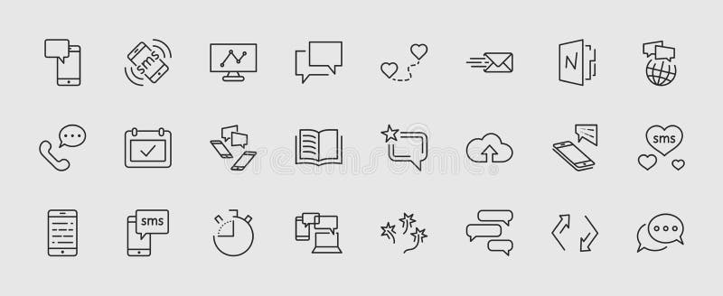 Set of Message Vector Line Icons. Contains such Icons as Conversation, SMS, Heart, Love Chats, Notification, Group Chat vector illustration