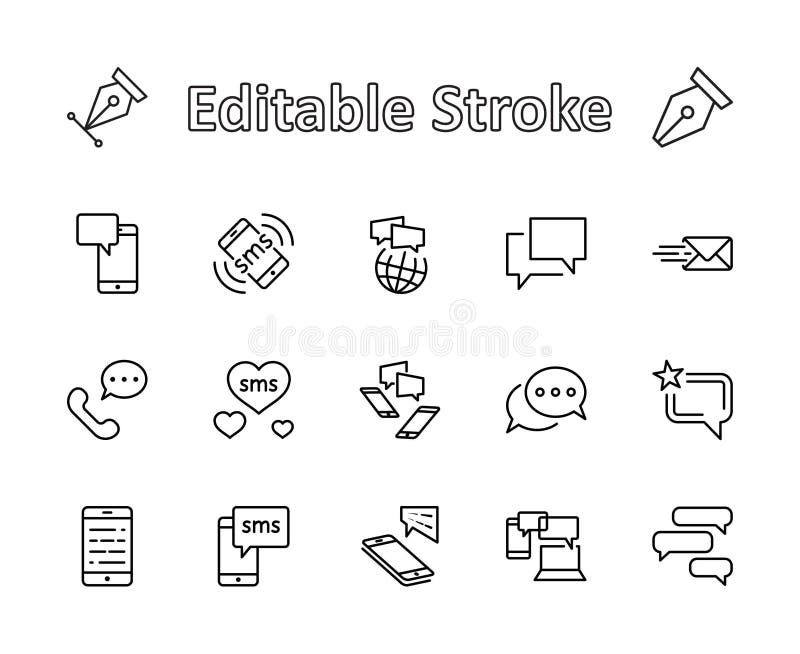 Set of Message Vector Line Icons. Contains such Icons as Conversation, SMS, Heart, Love Chats, Notification, Group Chat royalty free illustration