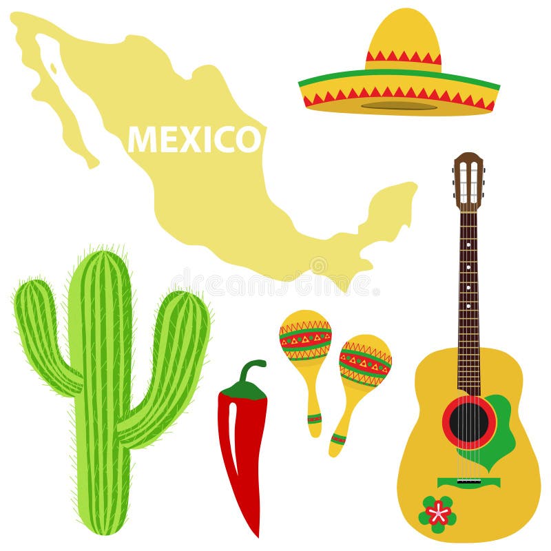 A set of Mexican. Sombrero, guitar, maracas, cactus, hot peppers. Map of Mexico. stock illustration A set of Mexican. Sombrero, guitar, maracas, cactus, hot peppers. Map of Mexico. stock illustration