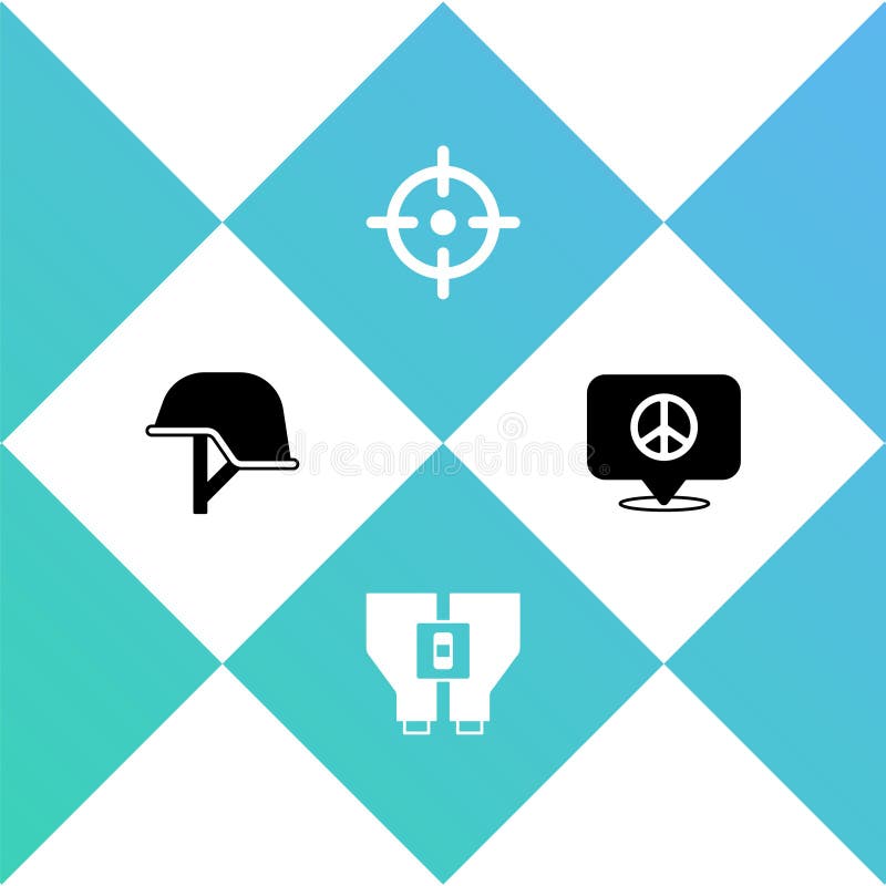 Set Military Helmet, Binoculars, Target Sport and Location Peace Icon