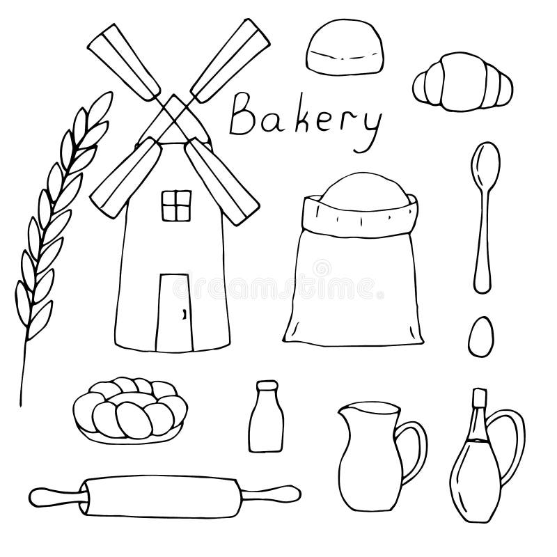 Set Mill, Flour and Baking, Vector Illustration, Hand Drawing Doodles