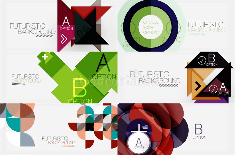 Set minimalistic geometryczni sztandary z trójbokami, okręgi i inny kształtuje Sieć projekt lub biznesu slogan ilustracji Set minimalistic geometryczni sztandary z trójbokami, okręgi i inny kształtuje Sieć projekt lub biznesu slogan ilustracji