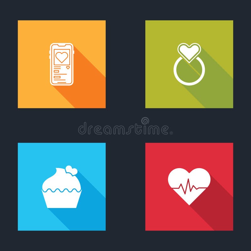 Set Mobile with Heart, Wedding Rings, Cake and Heart Rate Icon. Vector