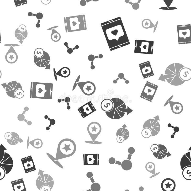 Set Mobile phone and like with heart, Share, Money and diagram graph and Map pointer with star on seamless pattern royalty free illustration