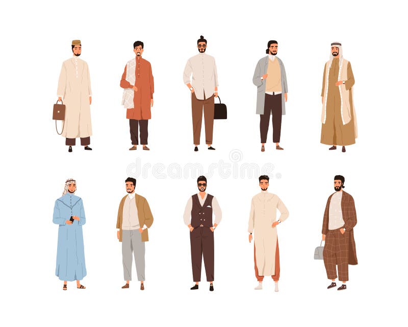 Set of Modern Arabic Men in Arab Fashion Clothes. Islamic People Wearing  Traditional and Stylish Casual Outfits Stock Vector - Illustration of  national, arabia: 226177904
