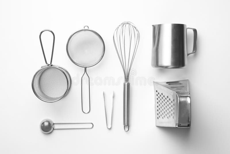 Set of Modern Cooking Utensils on White Background, Top View Stock