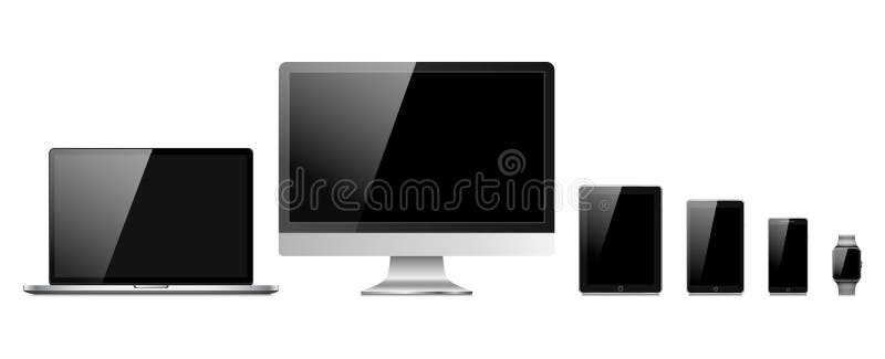 Set of modern electronic devices isolated on white background - laptop, computer monitor, smart watch, tablet pc, mini pad and mob