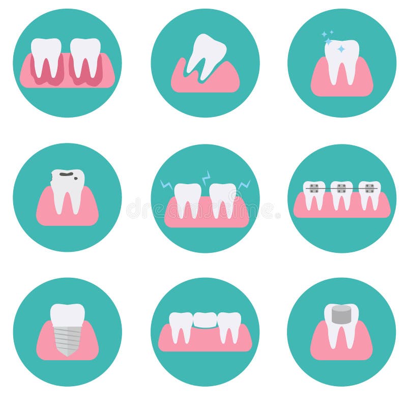 Set of modern flat vector conceptual icons of teeth conditions, stomatology, dentistry, orthodontics, oral health care and hygiene