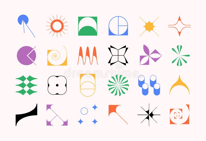 Set of modern futuristic figures. Abstract geometric shapes in brutalism style. Fragile vector objects with thin outline stock illustration