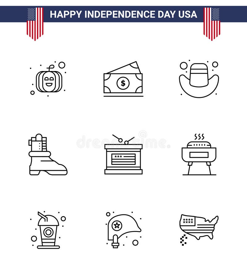 Set of 9 Modern Lines pack on USA Independence Day barbeque; independece; cap; holiday; american stock illustration