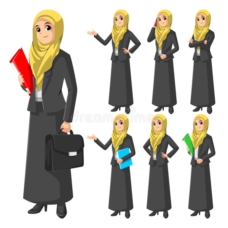 Set of Modern Muslim Businesswoman Wearing Yellow Veil or Scarf vector illustration Set of Modern Muslim Businesswoman Wearing Yellow Veil or Scarf vector illustration