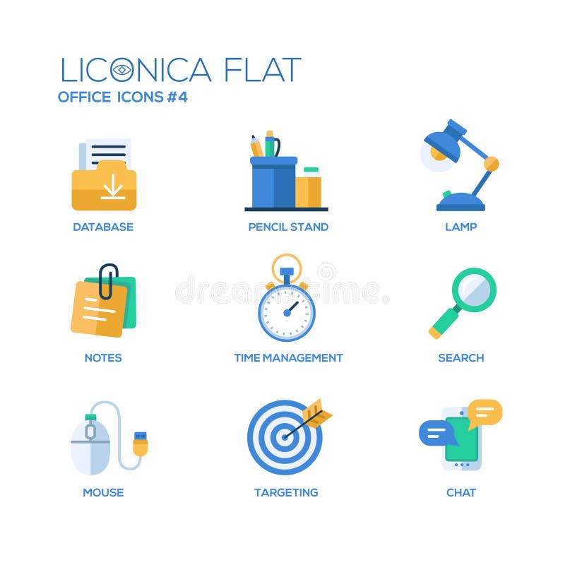 Set of modern vector office flat design icons and pictograms. Collection of business infographics objects and web elements. Database, pencil stand, lamp, notes, time management, search, mouse, targeting, chat. Set of modern vector office flat design icons and pictograms. Collection of business infographics objects and web elements. Database, pencil stand, lamp, notes, time management, search, mouse, targeting, chat