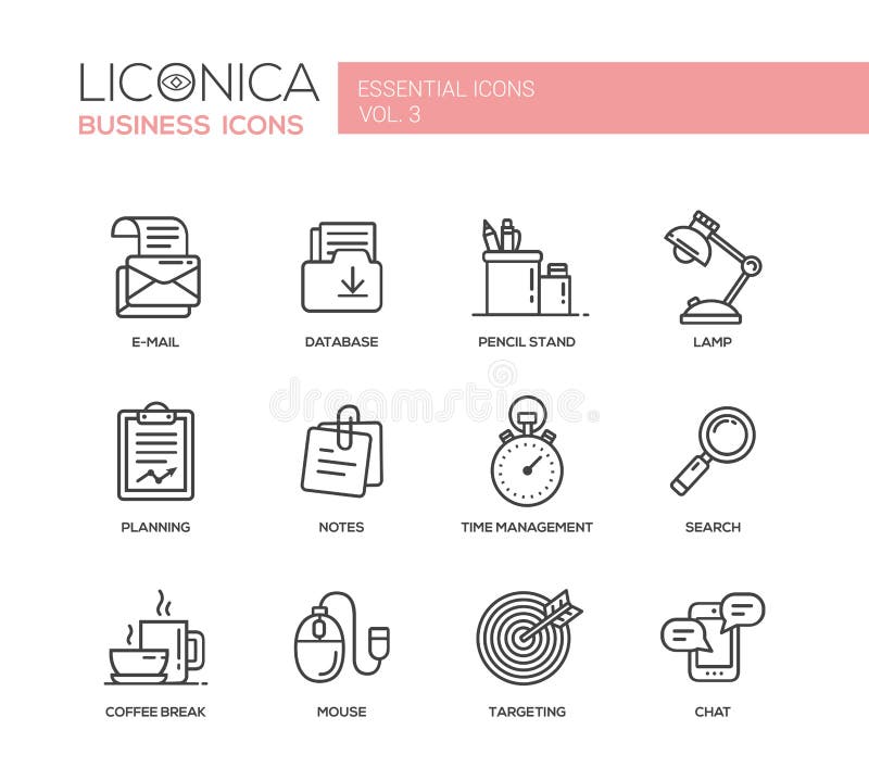 Set of modern vector office simple line design icons and pictograms. Collection of business infographics objects and web elements. Database, e-mail, pencil stand, lamp, planning, notes, time management, search, mouse, targeting, chat, coffee break. Set of modern vector office simple line design icons and pictograms. Collection of business infographics objects and web elements. Database, e-mail, pencil stand, lamp, planning, notes, time management, search, mouse, targeting, chat, coffee break