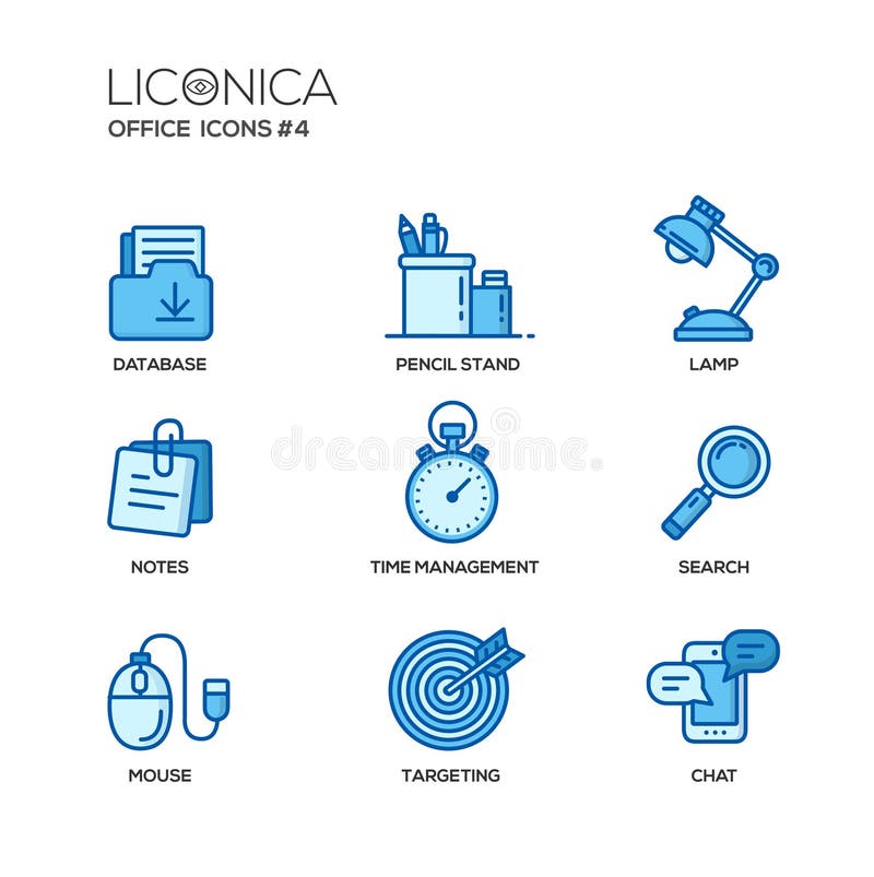 Set of modern vector office thin line flat design icons and pictograms. Collection of business infographics objects and web elements. Database, pencil stand, lamp, notes, time management, search, mouse, targeting, chat. Set of modern vector office thin line flat design icons and pictograms. Collection of business infographics objects and web elements. Database, pencil stand, lamp, notes, time management, search, mouse, targeting, chat.