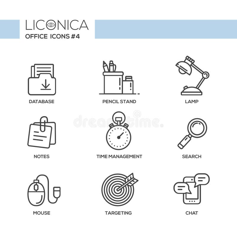 Set of modern vector office thin line flat design icons and pictograms. Collection of business infographics objects and web elements. Database, pencil stand, lamp, notes, time management, search, mouse, targeting, chat. Set of modern vector office thin line flat design icons and pictograms. Collection of business infographics objects and web elements. Database, pencil stand, lamp, notes, time management, search, mouse, targeting, chat.
