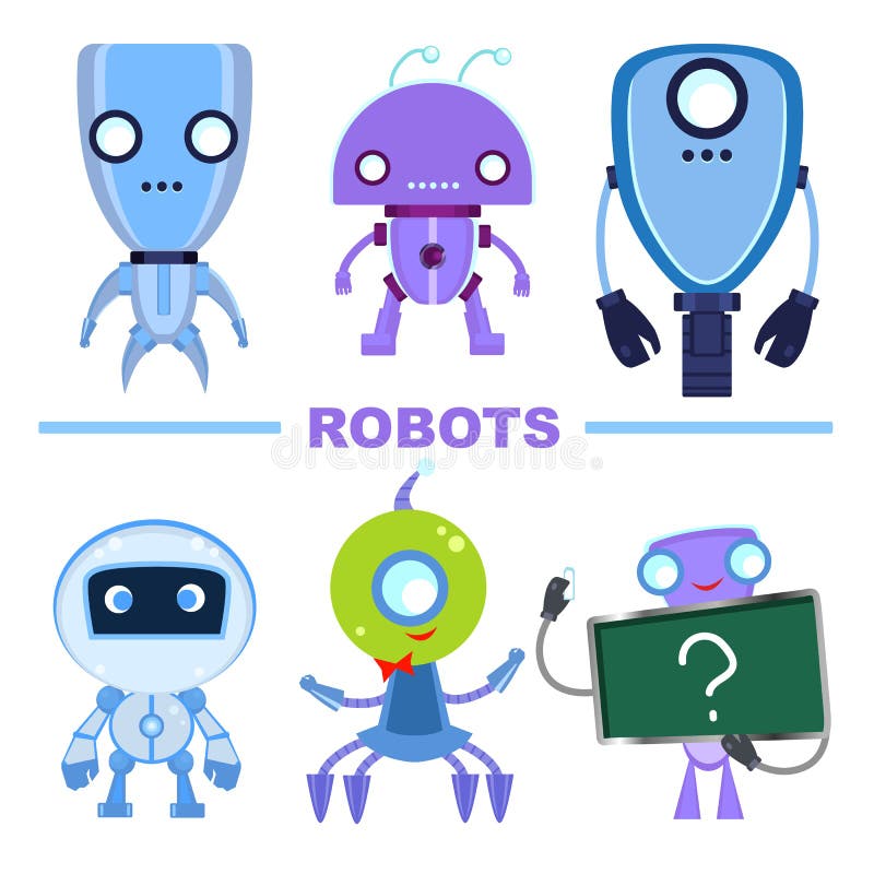 Set of modern robot characters. Multicolored robots isolated on a white background. stock illustration