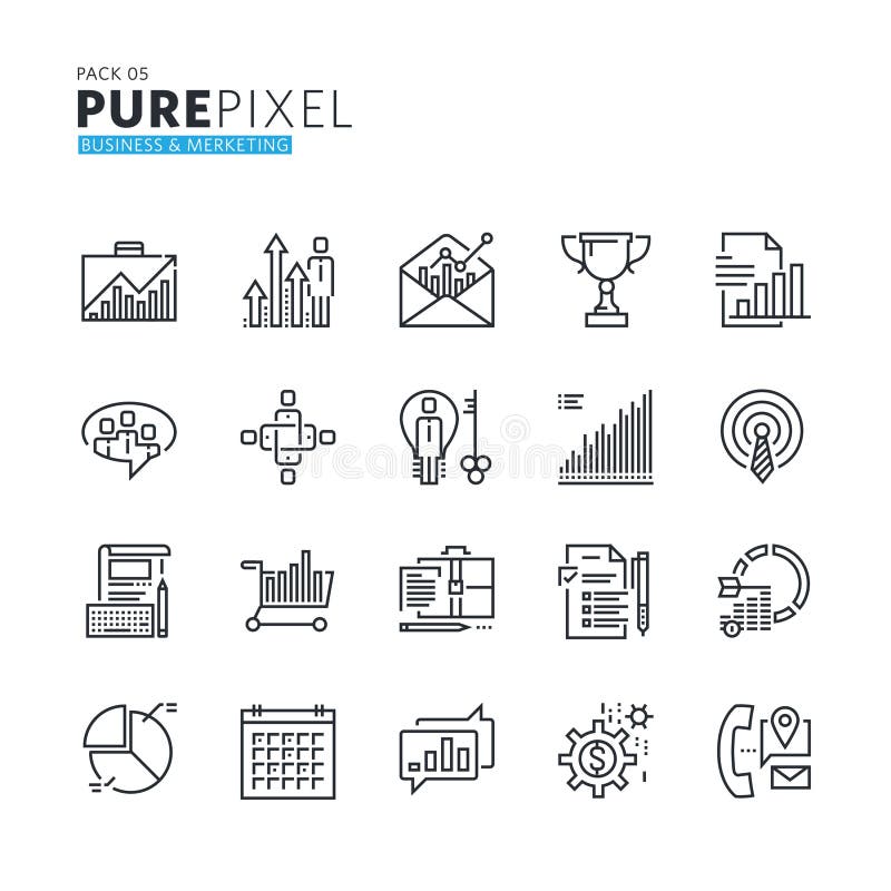 Set of modern thin line pixel perfect icons of business and marketing stock illustration