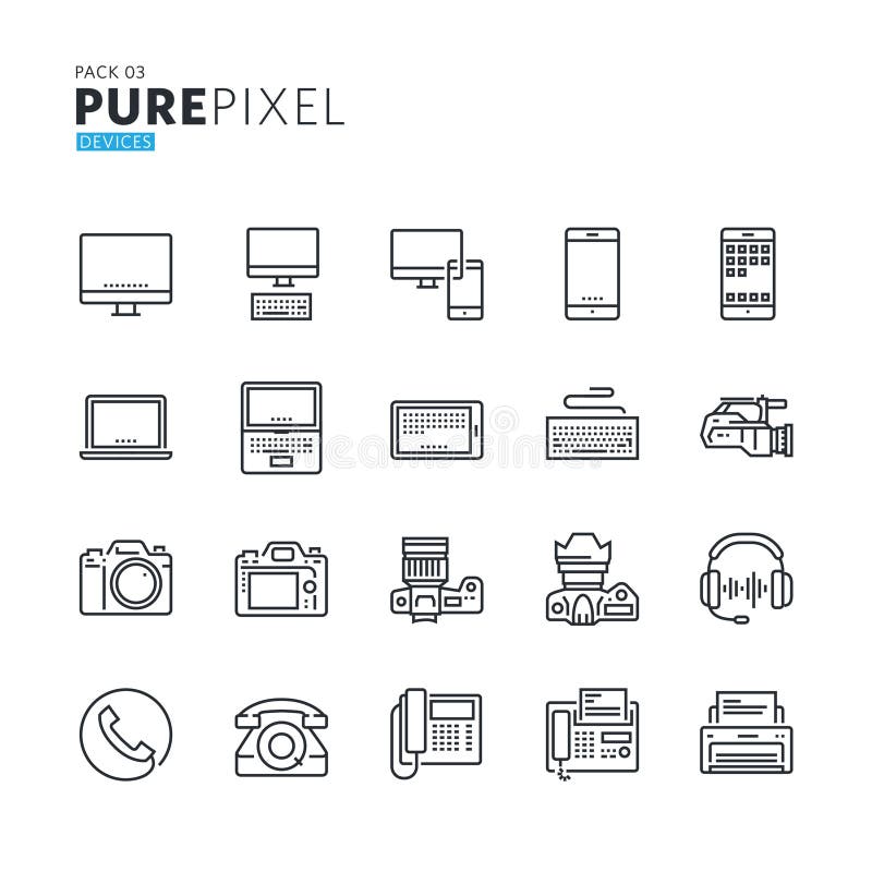 Set of modern thin line pixel perfect icons of electronic devices stock illustration
