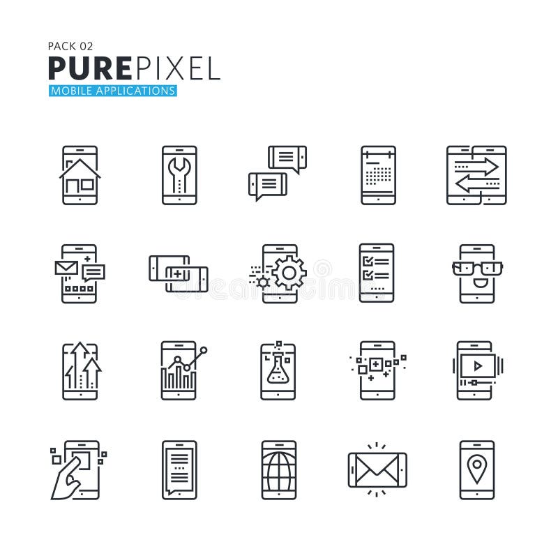 Set of modern thin line pixel perfect icons of mobile apps and services vector illustration